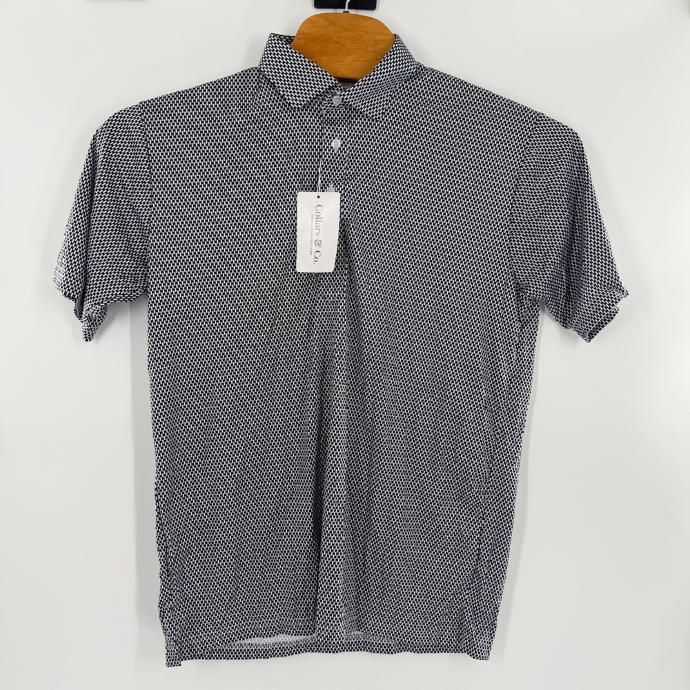 Collars & Co Mens Dress Collar Polo Shirt Black White Geometric Relaxed Large